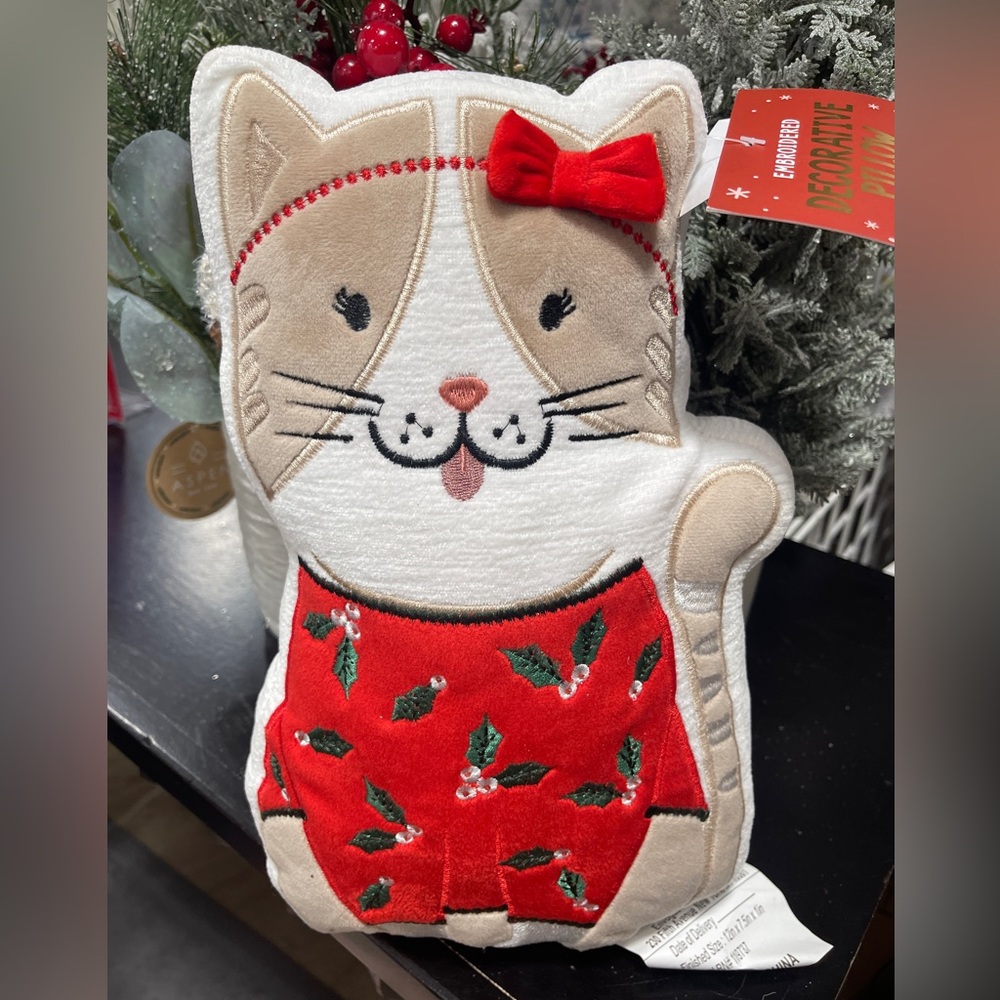 Christmas Cat Red Sweater & Bow Embroidered Cat Plush Pillow NWT